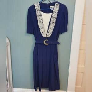 Vintage 90s belted navy dress